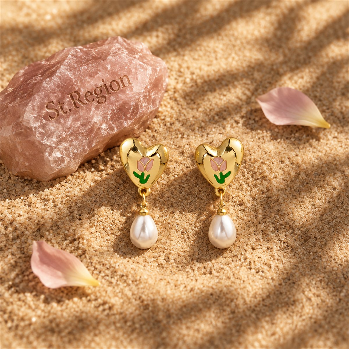 Pearl and Enamel 18K Gold-Plated Tulip Heart Drop Earrings, gold drop earrings for women, detail close-up