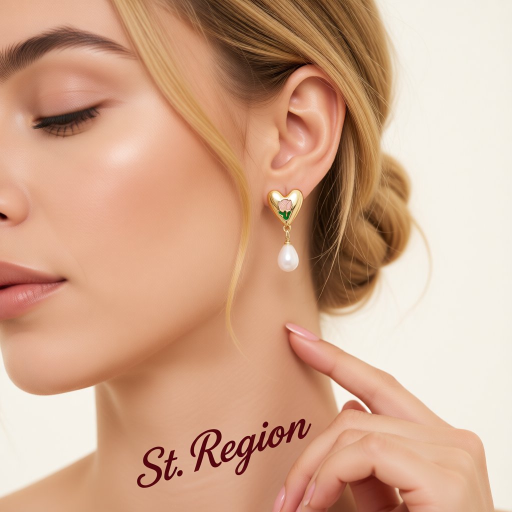 Pearl and Enamel 18K Gold-Plated Tulip Heart Drop Earrings, gold drop earrings for women, elegant gift for her, styled look