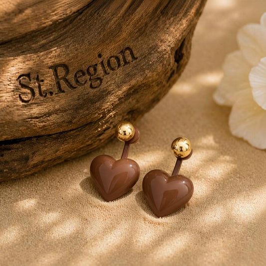 Coffee Enamel & 18K Gold-Plated Heart Ear Jackets