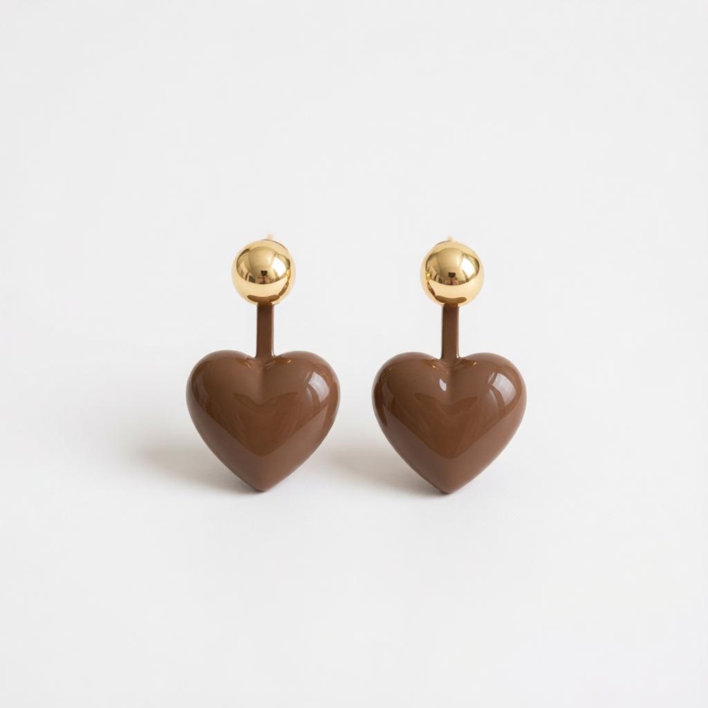 Coffee Enamel and 18K Gold-Plated Heart Ear Jackets, dainty minimalist design, side view