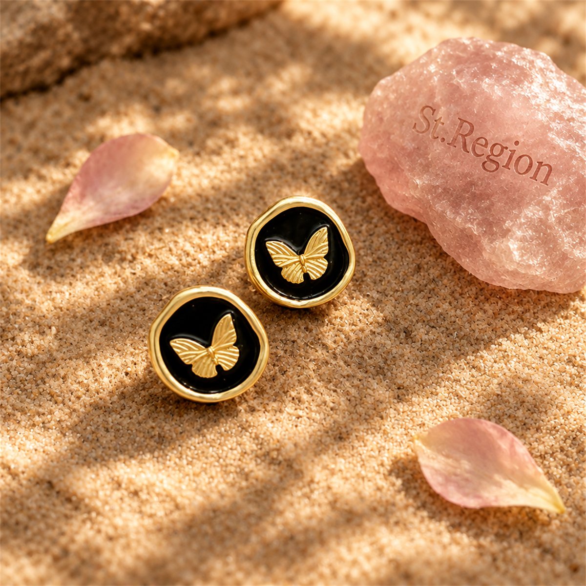 Black Enamel and 18K Gold-Plated Butterfly Round Stud Earrings, gold stud earrings for women, detail close-up