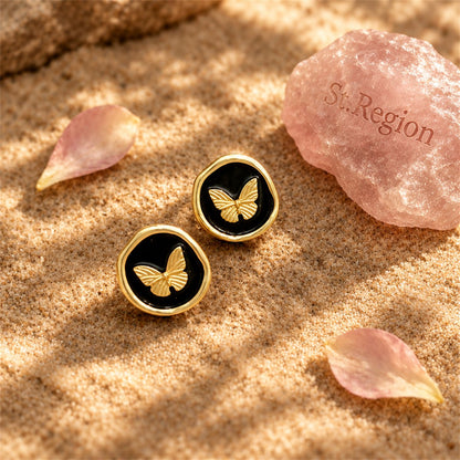 Black Enamel and 18K Gold-Plated Butterfly Round Stud Earrings, gold stud earrings for women, detail close-up