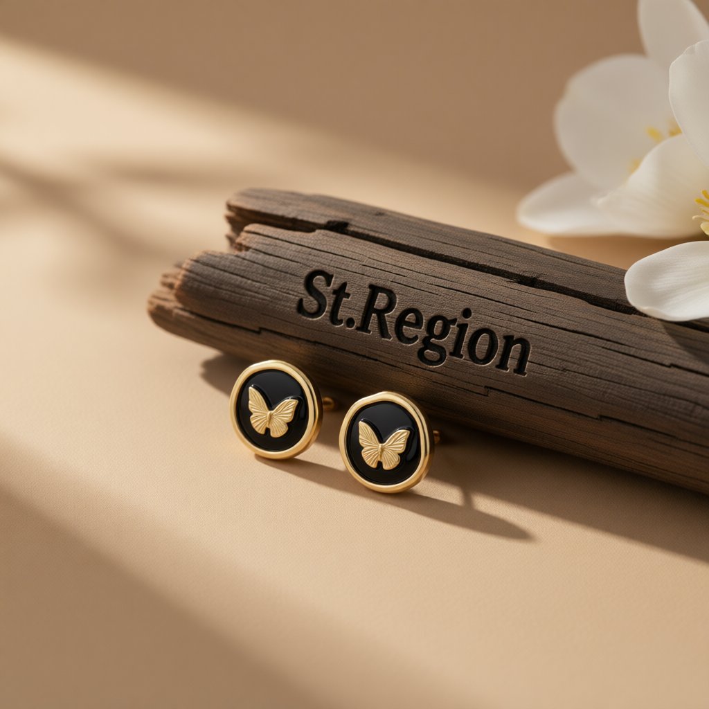 Black Enamel and 18K Gold-Plated Butterfly Round Stud Earrings, gold stud earrings for women, botanical inspired, front view