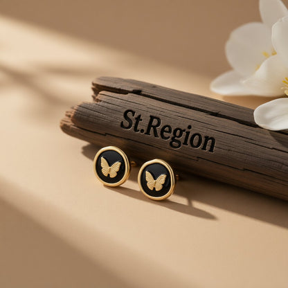 Black Enamel and 18K Gold-Plated Butterfly Round Stud Earrings, gold stud earrings for women, botanical inspired, front view