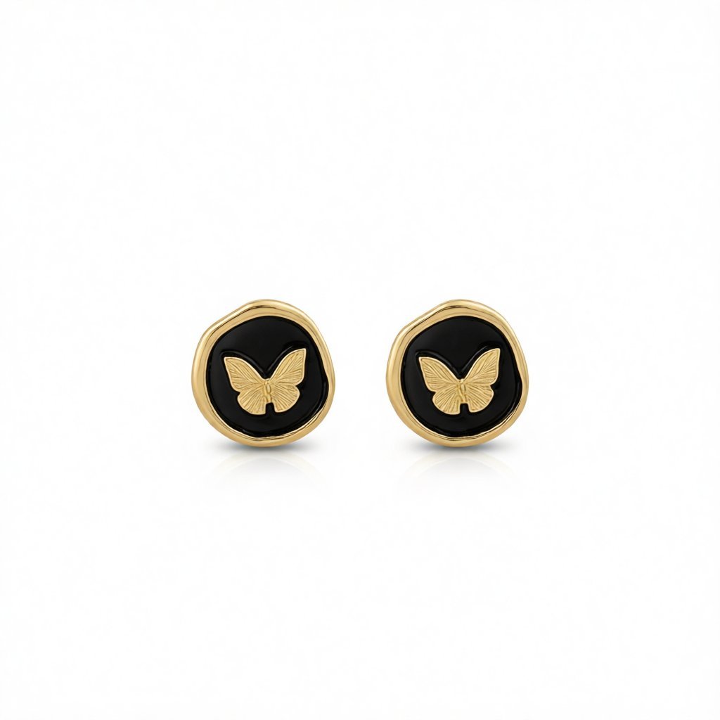 Black Enamel and 18K Gold-Plated Butterfly Round Stud Earrings, gold stud earrings for women, botanical inspired, side view