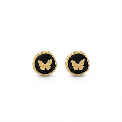 Black Enamel and 18K Gold-Plated Butterfly Round Stud Earrings, gold stud earrings for women, botanical inspired, side view