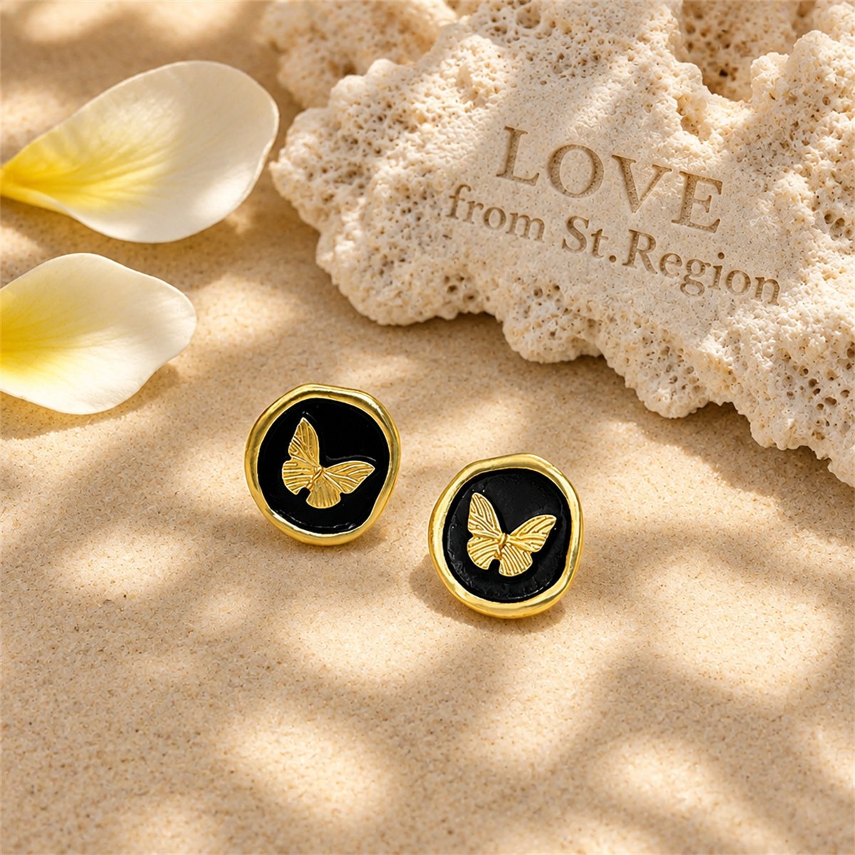 Black Enamel and 18K Gold-Plated Butterfly Round Stud Earrings, gold stud earrings for women, lifestyle look