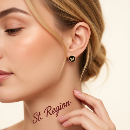 Black Enamel and 18K Gold-Plated Butterfly Round Stud Earrings, gold stud earrings for women, botanical inspired, styled look