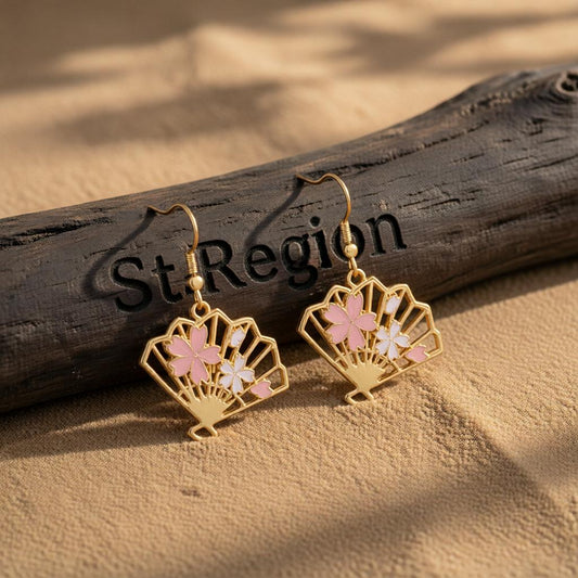 Enamel and 18K Gold-Plated Flower Fan Drop Earrings, gold drop earrings for women, botanical inspired, front view
