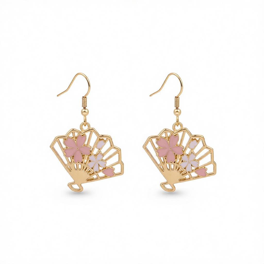 Enamel and 18K Gold-Plated Flower Fan Drop Earrings, gold drop earrings for women, botanical inspired, side view