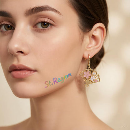 Enamel and 18K Gold-Plated Flower Fan Drop Earrings, gold drop earrings for women, botanical inspired, styled look