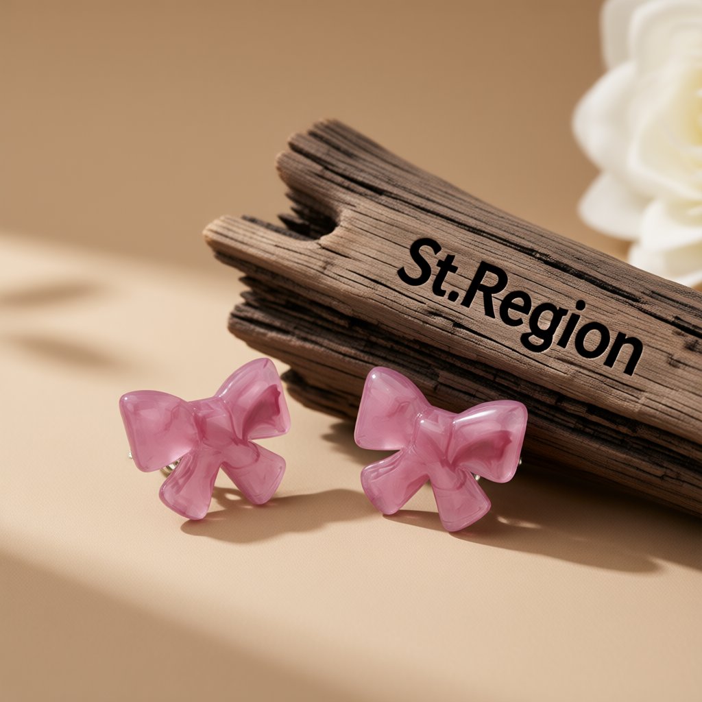 Pink and Silver-Plated Bow Stud Earrings, silver stud earrings for women, everyday style, front view
