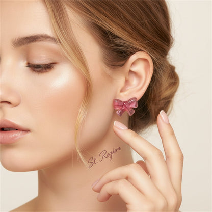 Pink and Silver-Plated Bow Stud Earrings, silver stud earrings for women, everyday style, styled look
