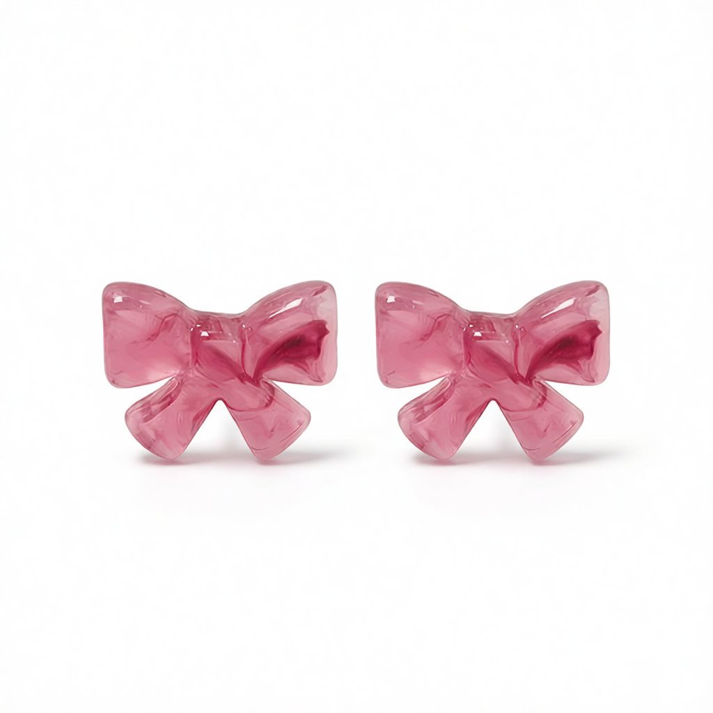 Pink and Silver-Plated Bow Stud Earrings, silver stud earrings for women, everyday style, side view