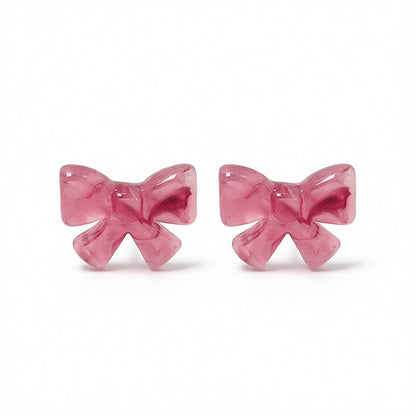 Pink and Silver-Plated Bow Stud Earrings, silver stud earrings for women, everyday style, side view