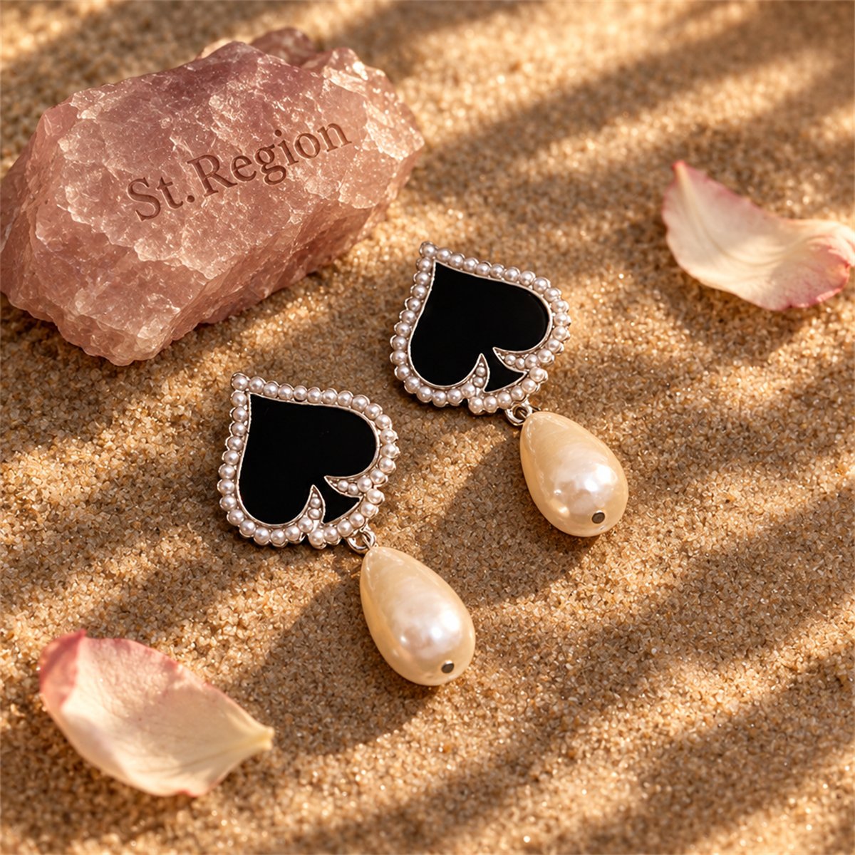 Black Enamel and Pearl Silver-Plated Spade Drop Earrings, silver drop earrings for women, detail close-up
