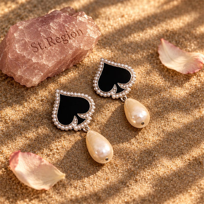Black Enamel and Pearl Silver-Plated Spade Drop Earrings, silver drop earrings for women, detail close-up