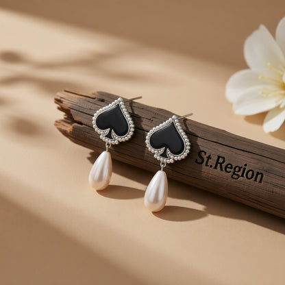 Black Enamel and Pearl Silver-Plated Spade Drop Earrings, silver drop earrings for women, vintage-inspired design, front view