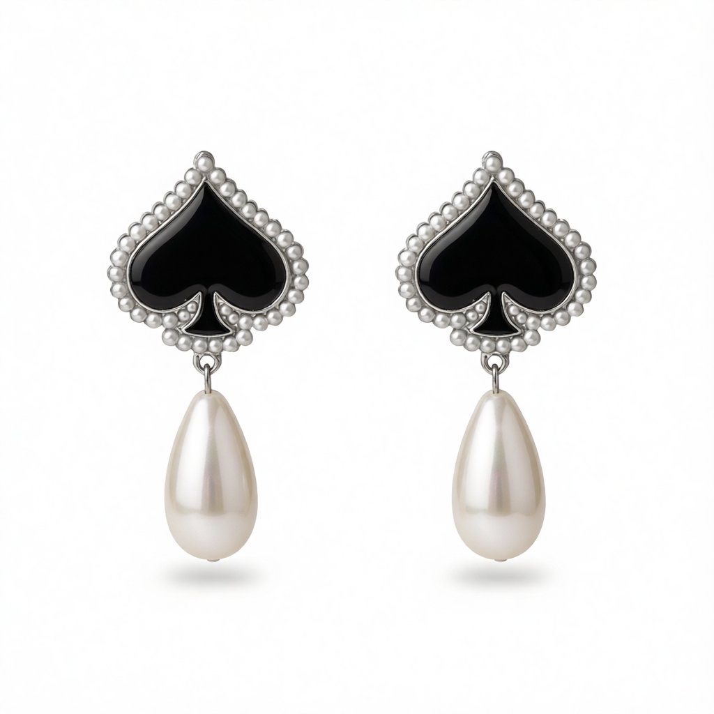 Black Enamel and Pearl Silver-Plated Spade Drop Earrings, silver drop earrings for women, vintage-inspired design, side view