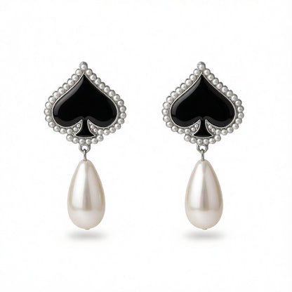 Black Enamel and Pearl Silver-Plated Spade Drop Earrings, silver drop earrings for women, vintage-inspired design, side view