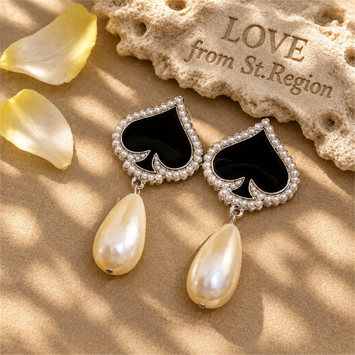 Black Enamel and Pearl Silver-Plated Spade Drop Earrings, silver drop earrings for women, lifestyle look