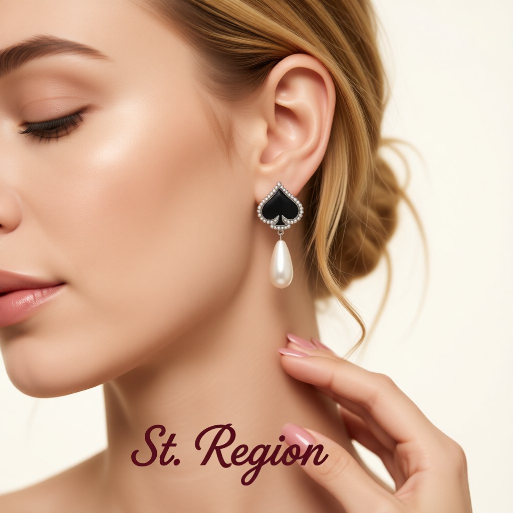Black Enamel and Pearl Silver-Plated Spade Drop Earrings, silver drop earrings for women, styled look