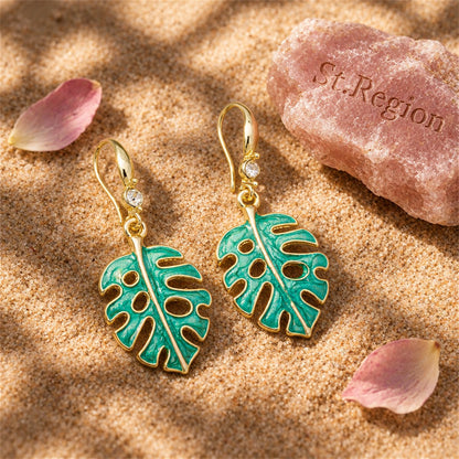 Green Enamel and Cubic Zirconia Openwork Palm Leaf Drop Earrings, drop earrings for women, everyday style, detail close-up