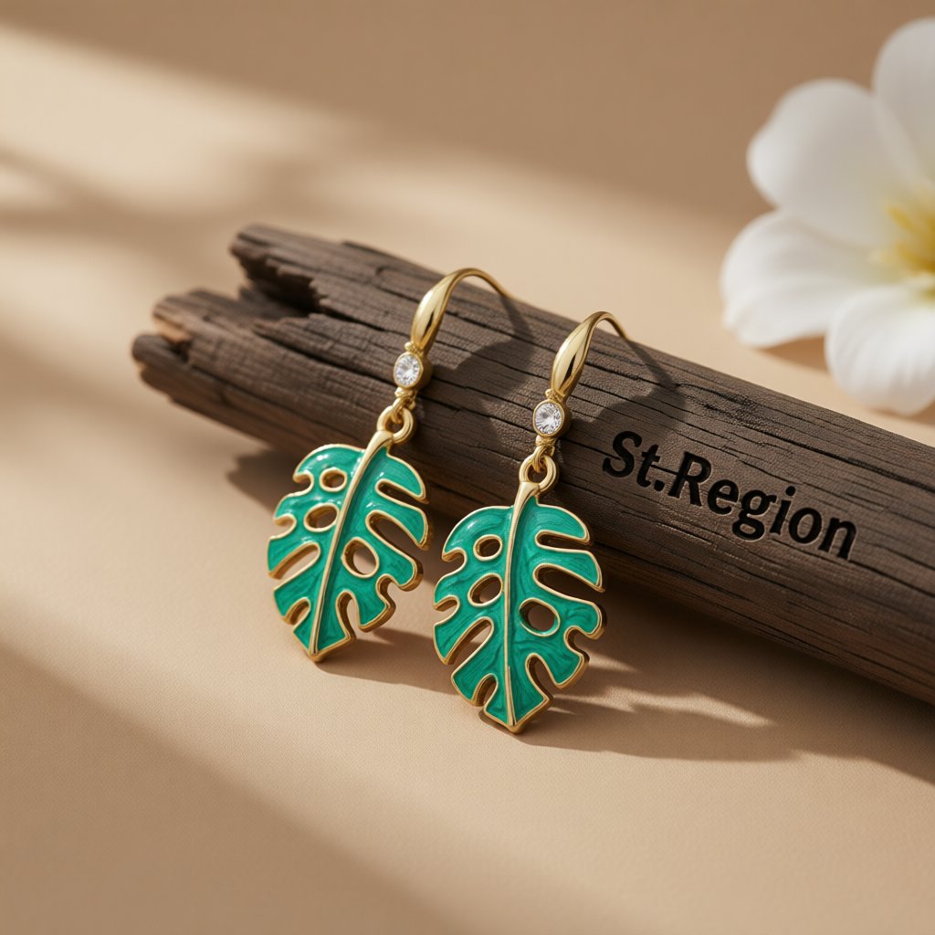 Green Enamel and Cubic Zirconia Openwork Palm Leaf Drop Earrings, drop earrings for women, everyday style, front view