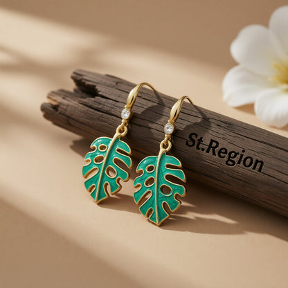 Green Enamel and Cubic Zirconia Openwork Palm Leaf Drop Earrings, drop earrings for women, everyday style, front view