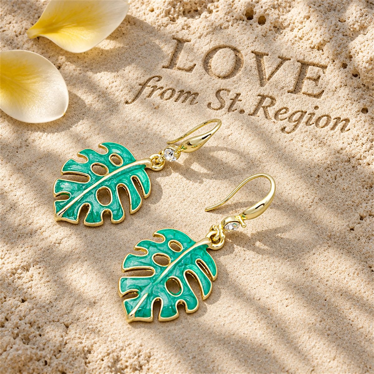 Green Enamel and Cubic Zirconia Openwork Palm Leaf Drop Earrings, drop earrings for women, everyday style, lifestyle look