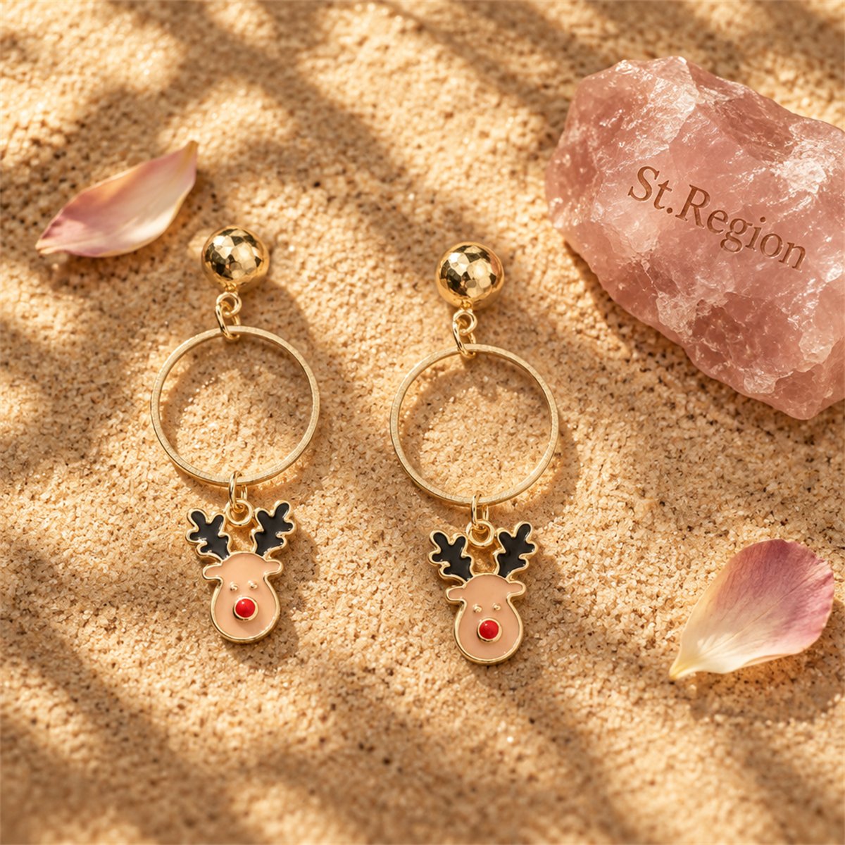Beige Enamel and 18K Gold-Plated Reindeer Circle Drop Earrings, gold drop earrings for women, detail close-up