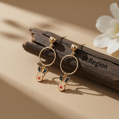 Beige Enamel and 18K Gold-Plated Reindeer Circle Drop Earrings, gold drop earrings for women, front view
