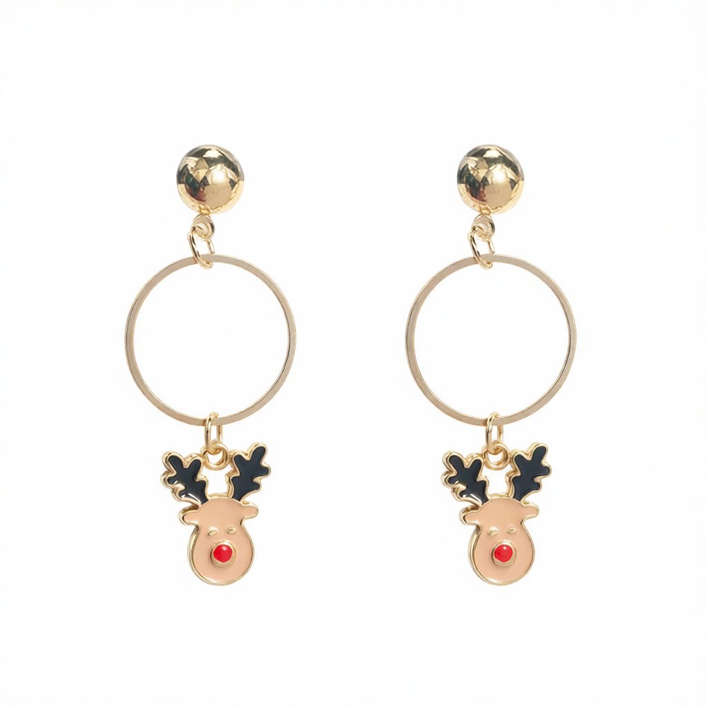 Beige Enamel and 18K Gold-Plated Reindeer Circle Drop Earrings, gold drop earrings for women, elegant gift for her, side view