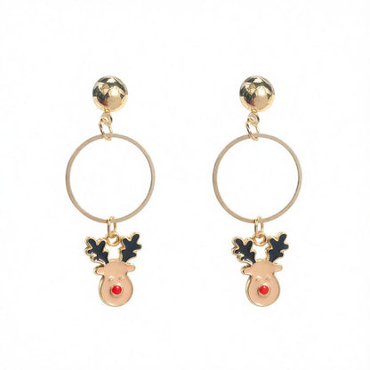 Beige Enamel and 18K Gold-Plated Reindeer Circle Drop Earrings, gold drop earrings for women, elegant gift for her, side view