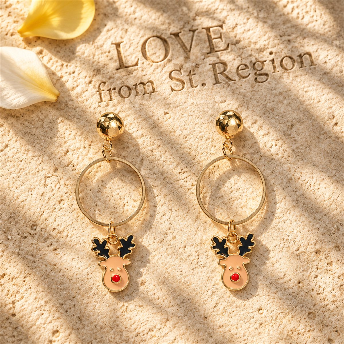Beige Enamel and 18K Gold-Plated Reindeer Circle Drop Earrings, gold drop earrings for women, lifestyle look