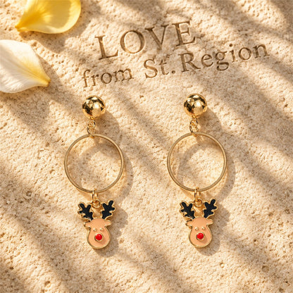 Beige Enamel and 18K Gold-Plated Reindeer Circle Drop Earrings, gold drop earrings for women, lifestyle look