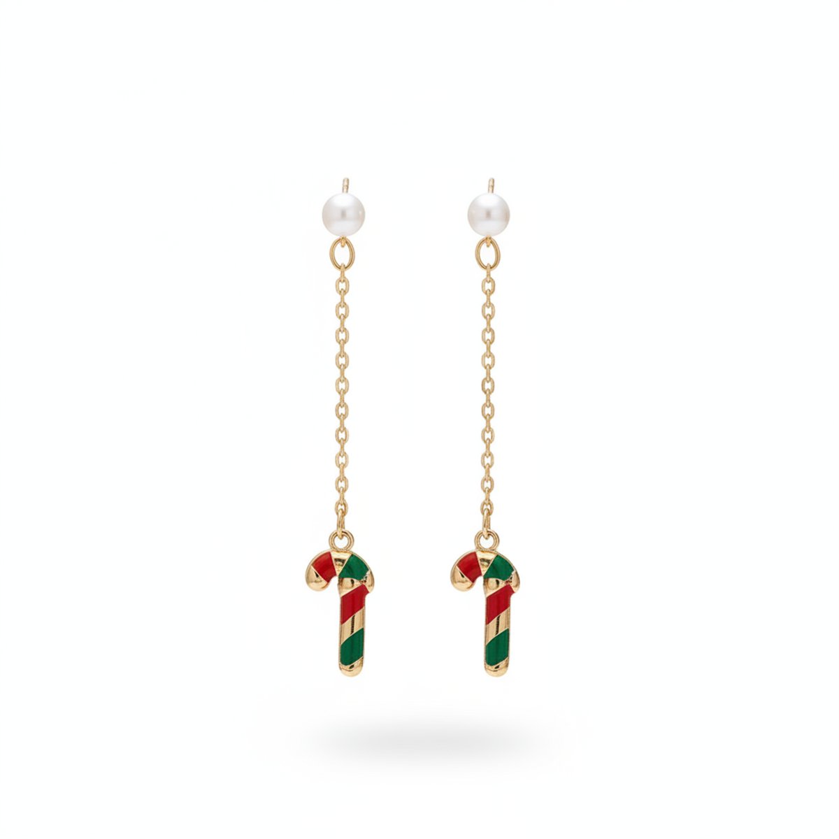 Pearl and Enamel 18K Gold-Plated Candy Cane Drop Earrings, gold drop earrings for women, botanical inspired, side view