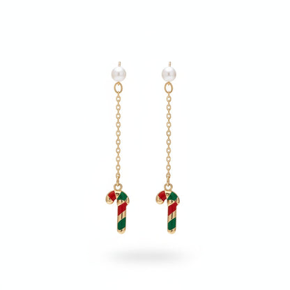 Pearl and Enamel 18K Gold-Plated Candy Cane Drop Earrings, gold drop earrings for women, botanical inspired, side view