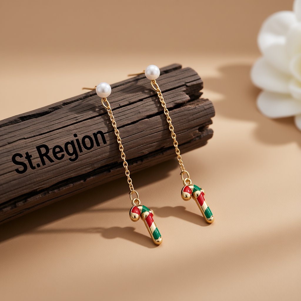 Pearl and Enamel 18K Gold-Plated Candy Cane Drop Earrings, gold drop earrings for women, botanical inspired, front view
