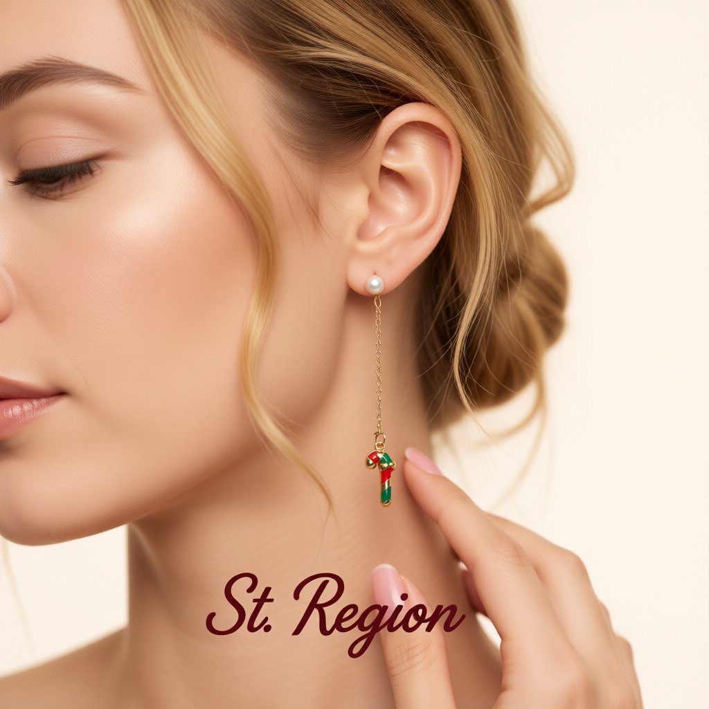 Pearl and Enamel 18K Gold-Plated Candy Cane Drop Earrings, gold drop earrings for women, botanical inspired, styled look