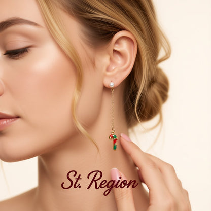 Pearl and Enamel 18K Gold-Plated Candy Cane Drop Earrings, gold drop earrings for women, botanical inspired, styled look