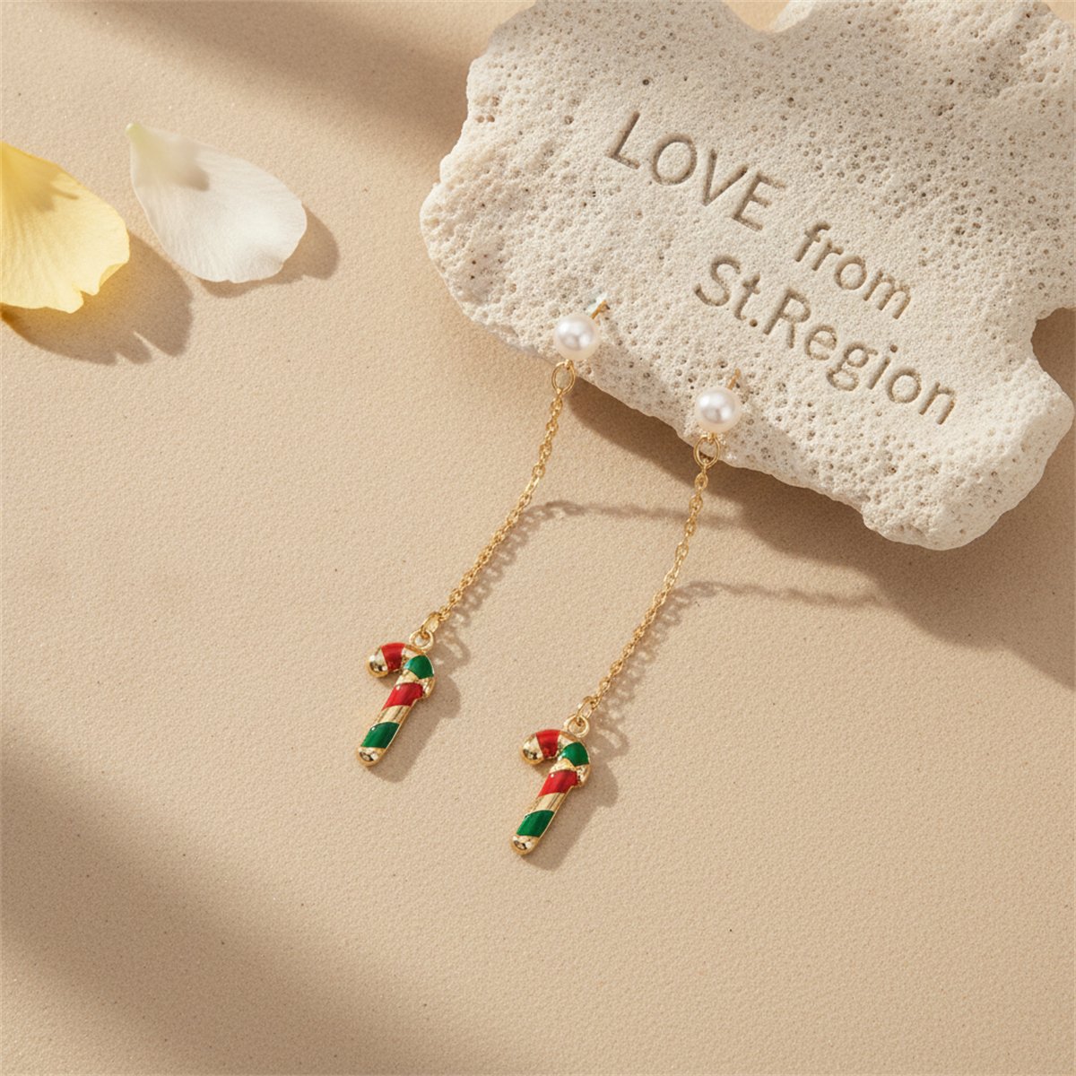 Pearl and Enamel 18K Gold-Plated Candy Cane Drop Earrings, gold drop earrings for women, botanical inspired, lifestyle look