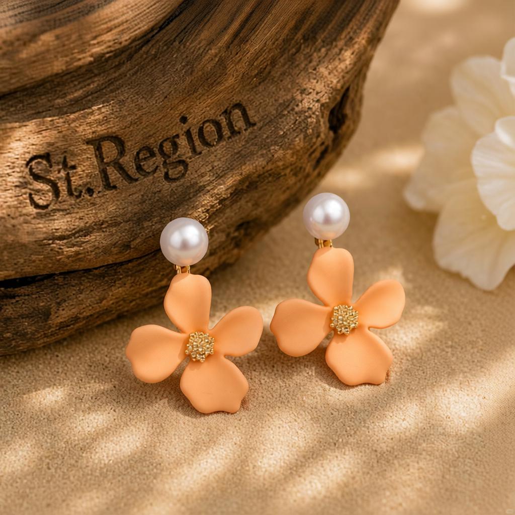 Peach Enamel and Pearl 18K Gold-Plated Floral Drop Earrings, gold drop earrings for women, front view