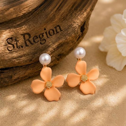 Peach Enamel and Pearl 18K Gold-Plated Floral Drop Earrings, gold drop earrings for women, front view