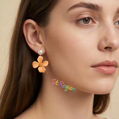 Peach Enamel & Pearl 18K Gold-Plated Floral Drop Earrings