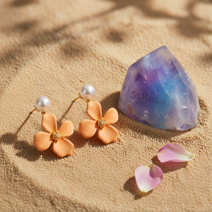 Peach Enamel & Pearl 18K Gold-Plated Floral Drop Earrings