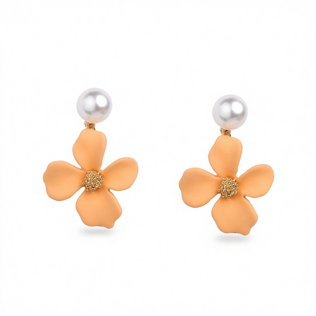 Peach Enamel & Pearl 18K Gold-Plated Floral Drop Earrings
