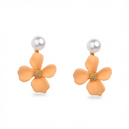 Peach Enamel & Pearl 18K Gold-Plated Floral Drop Earrings