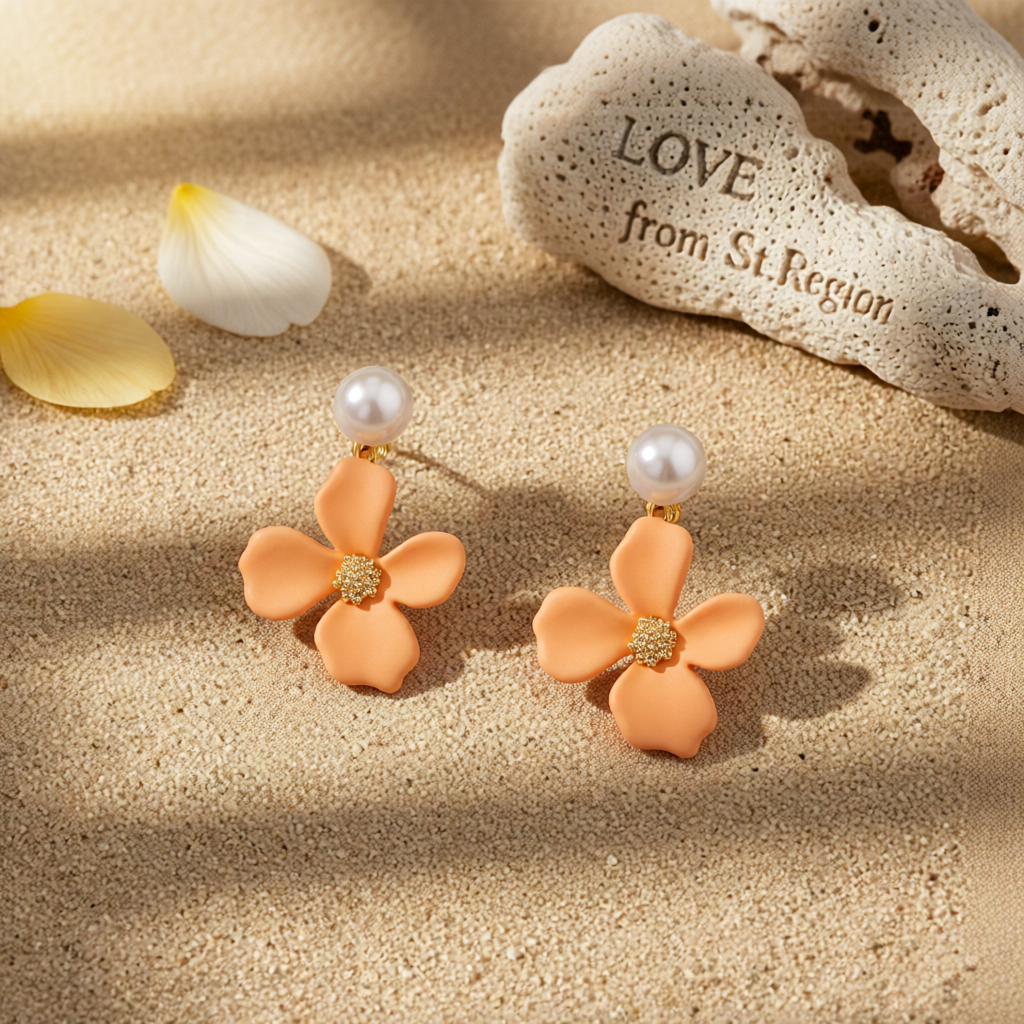 Peach Enamel & Pearl 18K Gold-Plated Floral Drop Earrings