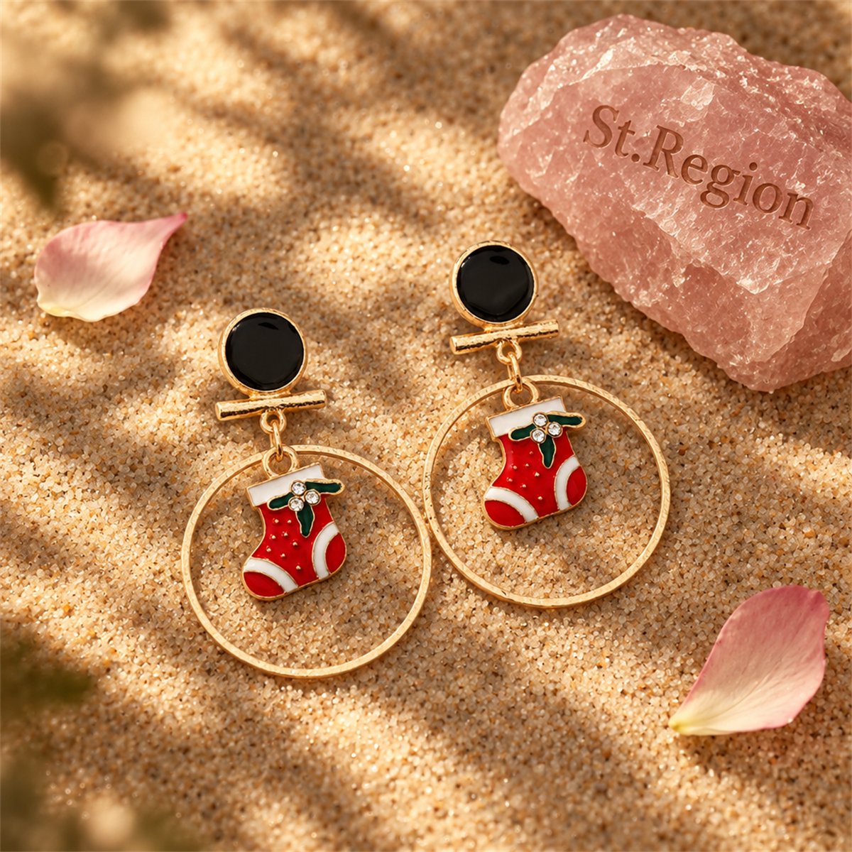 Red Enamel and 18K Gold-Plated Cubic Zirconia-Accent Stocking Circle Drop Earrings, gold drop earrings..., detail close-up